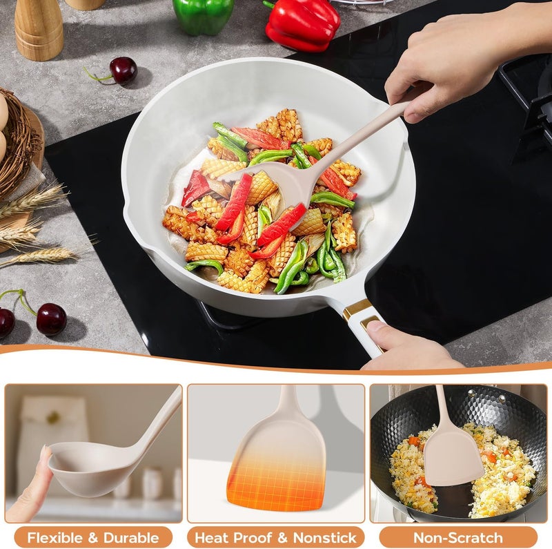 Onader Kitchen Utensils Set, Silicone Non Toxic Cooking Utensils, 6 Pcs Heat Resistant Kitchen Gadgets Set for Nonstick Cookware - Khaki - Image 3